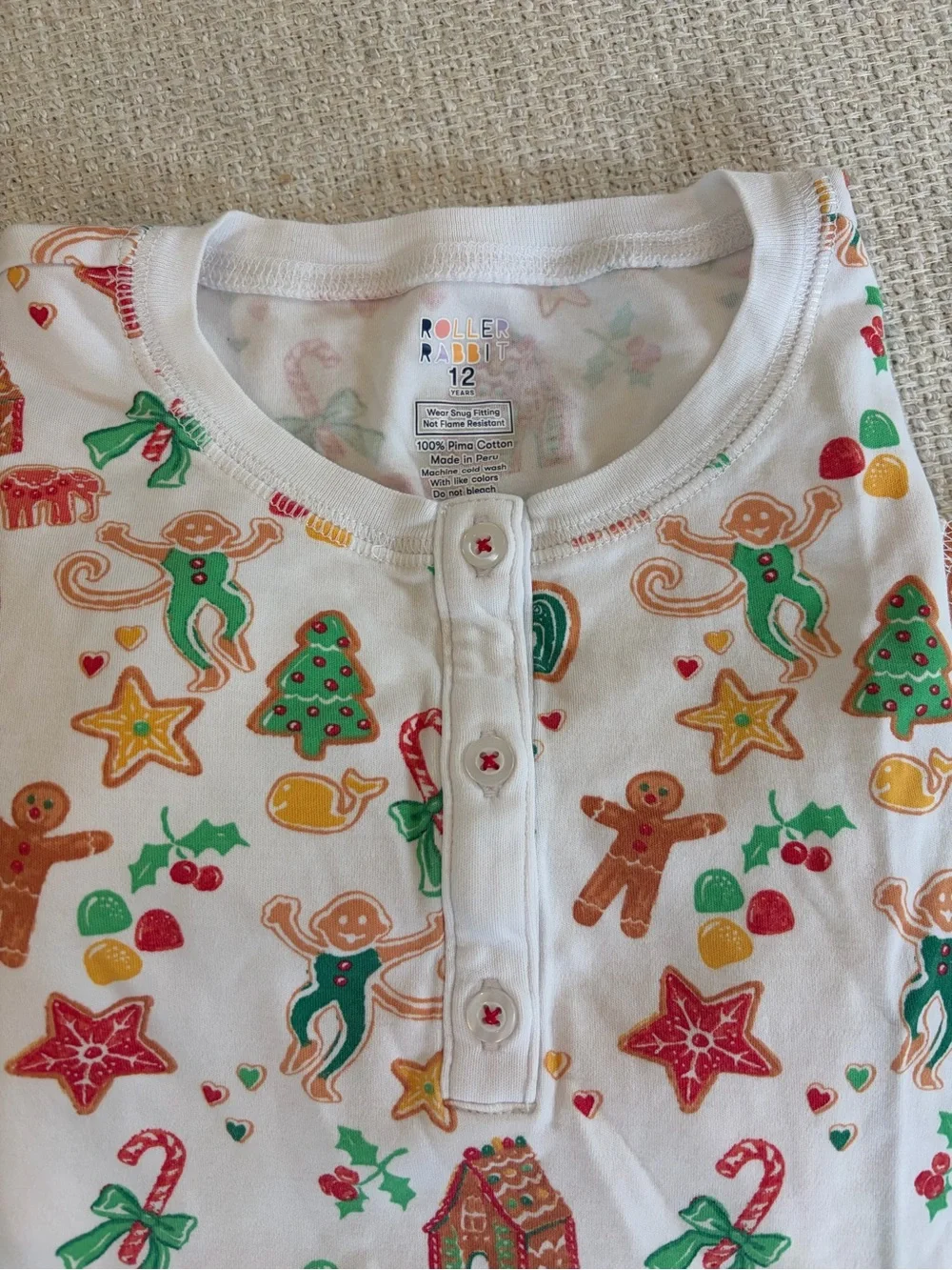 Roller Rabbit Kids 12 Pajama Set - Festive monkey, gingerbread holiday print EUC